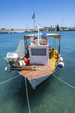 Greek fishing boat in harbour, Kos, Dodecanese, Greece