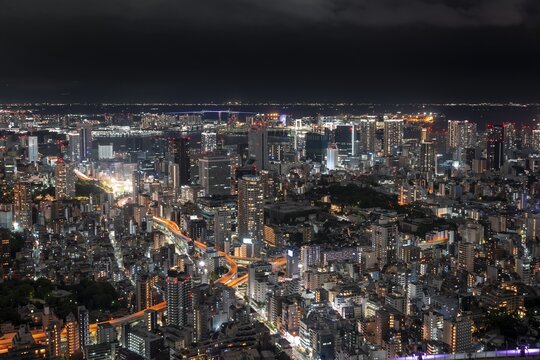 View from Roppongi Hills to sea of houses, city view at night, skyscrapers, Tokyo, Japan