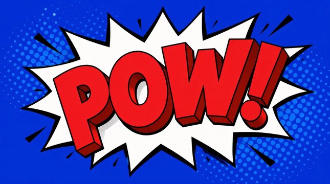 Vibrant POW word written in primary red 3D block letters with a classic comic book style explosion graphic for dynamic headers and banner designs reflecting explosive impact and action themes.