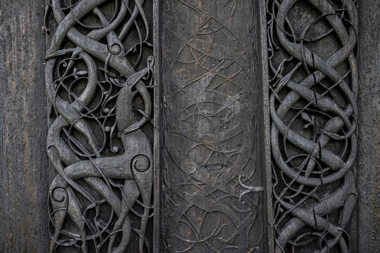 Artfully carved north portal, Celtic art with traditions of the Vikings, Urnes Stave Church, Romanesque church from ca. 1130, Vestland, Norway