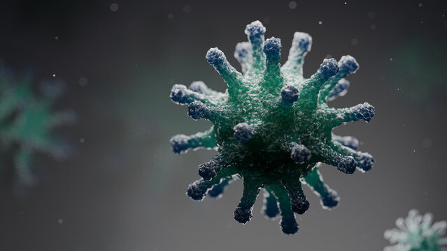 A colony of hantavirus under a microscope. A detailed 3D image of infectious viral particles.	