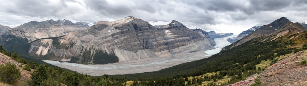 View in valley with glacier tongue, Parker Ridge, Saskatchewan Glacier, Athabasca Glacier, Jasper National Park National Park, Canadian Rocky Mountains, Alberta, Canada