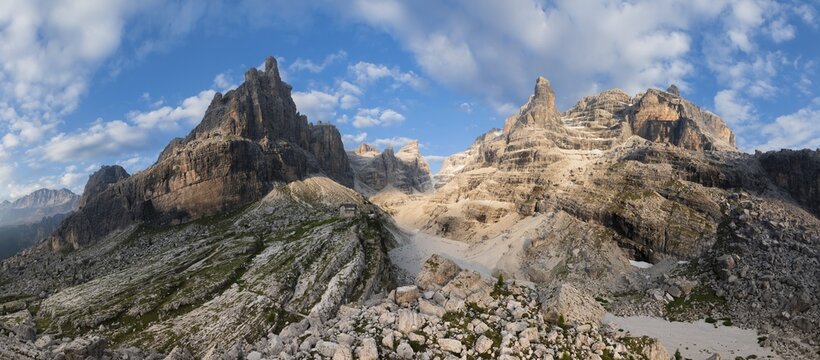 Evening at Refugio Francis Fox Tuckett, alpine panorama, aerial view, impressive mountain peaks of the Brenta Mountains, Brenta, Brenta-Adamello Natural Park, Trentino, Italy