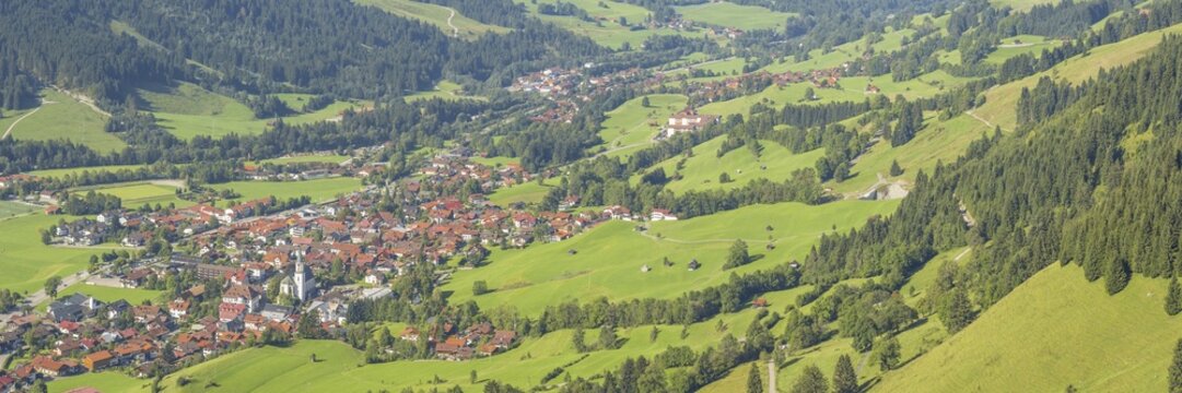 Panorama from the Hirschberg, 1456m, into the Ostrachtal with Bad Hindelang, Oberallg&auml;u, Allg&auml;u, Swabia, Bavaria, Germany
