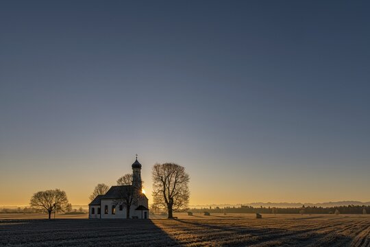 Chapel of St. John in first morning light, Raisting, Upper Bavaria, Bavaria, Germany