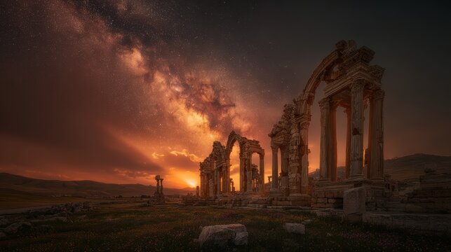 Space universe exploration, fantasy. A vivid portrayal of the ancient ruins of the Temple of Olympian Zeus, set against a backdrop of a starry night sky. The temples columns.