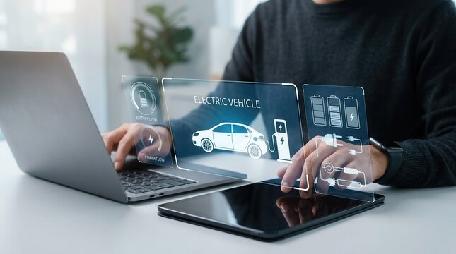 Man using laptop and tablet with electric vehicle charging interface displayed on holographic screen