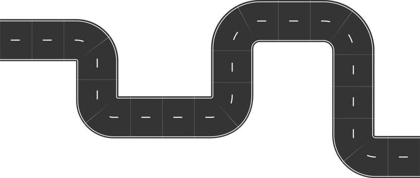 Modern abstract grey segmented road with sharp turns, illustrating a complex route or a game track, symbolizing progress, challenges, and unexpected paths