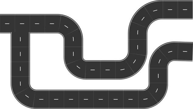 A top-down view of an abstract, modular road system comprised of various interconnected straight and curved segments, forming a complex pathway ideal for representing routes or construction concepts