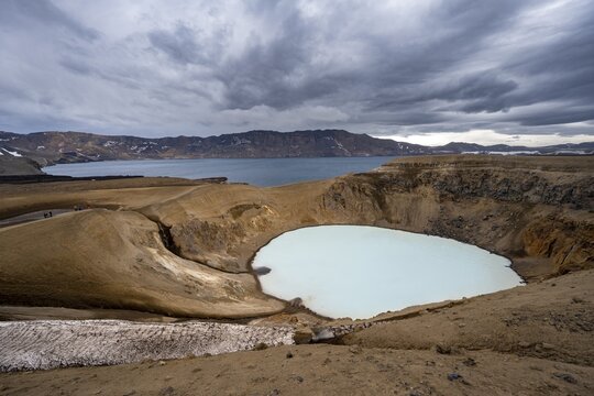 Crater lake V&iacute;ti and &Ouml;skjuvatn in the crater of the Askja volcano, volcanic landscape, Dyngjufj&ouml;ll mountain massif, Icelandic highlands, Vatnaj&ouml;kull National Park, Iceland
