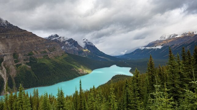 Cloudy mountain peaks, turquoise glacial lake surrounded by forest, Peyto Lake, Rocky Mountains, Banff National Park, Alberta Province, Canada