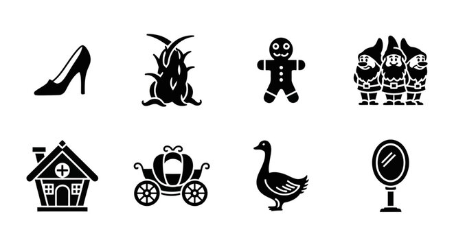 8 Fairy Tale silhouette icons gingerbread man carriage beanstalk cottage, solid black style, fantasy set