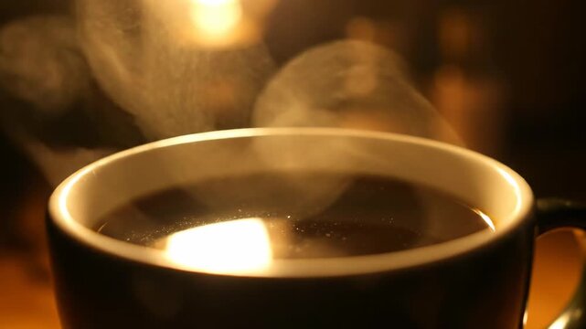 Close-up of a steaming dark beverage in a ceramic cup, warm light