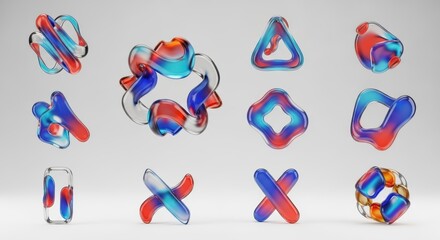 Fototapeta premium A collection of glossy, transparent icons crafted from fluid glass material, featuring refractive light effects and sleek modern design, overlay, 3d, high quality