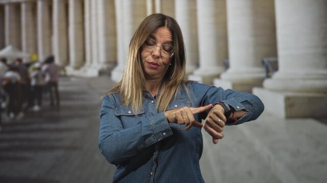 Woman points finger to smartwatch on wrist in building colonnade while checking time and tapping watch; impatience waiting.