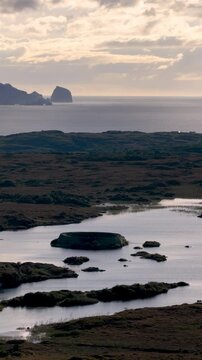 Aerial of the historic Ringfort at Lough Doon, Portnoo, County Donegal, Ireland