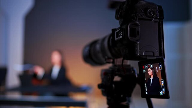 Camera LCD monitor showing woman during video interview shoot. Close up of professional camera back with flip out screen displaying woman sitting at desk in studio.
