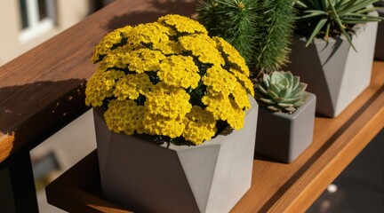 Fototapeta premium Bright yellow flowers bloom in geometric concrete planters on a wooden balcony. Succulent plants and evergreen foliage add variety to the urban garden setting with sunlight on leaves and petals.