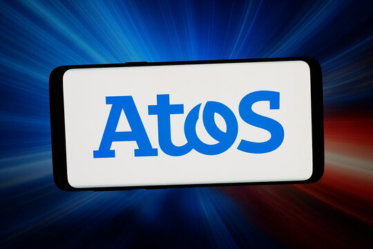 Stuttgart, Germany - 05-08-2026: In this photo illustration, the logo of French information technology company Atos SE is displayed on a smartphone in front of abstract background on computer screen.