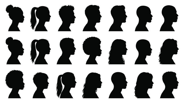 Set of various human head silhouettes showing diverse side profiles for creative design and graphic projects