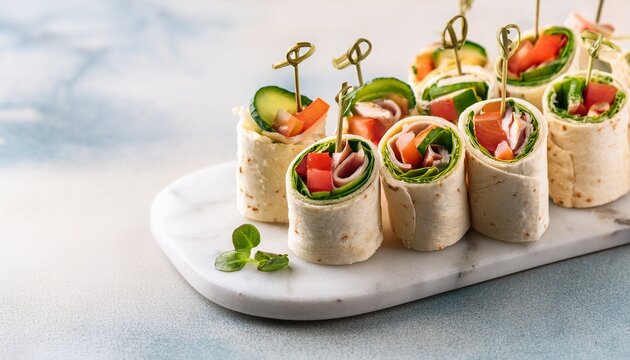 mini sandwiches wraps on a marble platter perfect for parties or events snack platter concept banner with a tasty variety