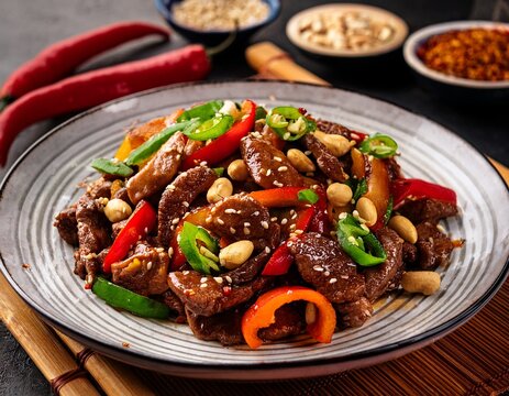 a spicy plate of kung pao beef garnished with peanuts and peppers