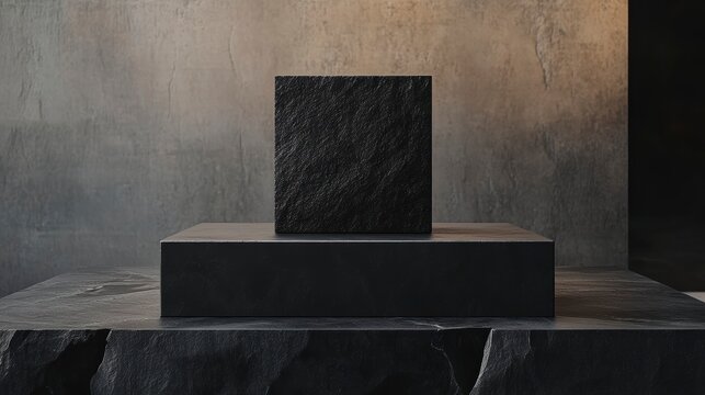 Black stone cube on a platform against a textured wall.