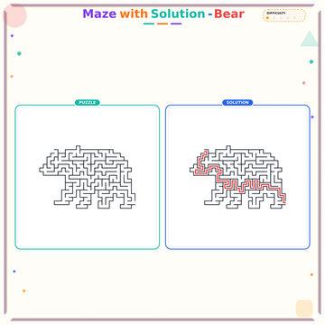 Bear maze puzzle with solution illustration in colorful design  