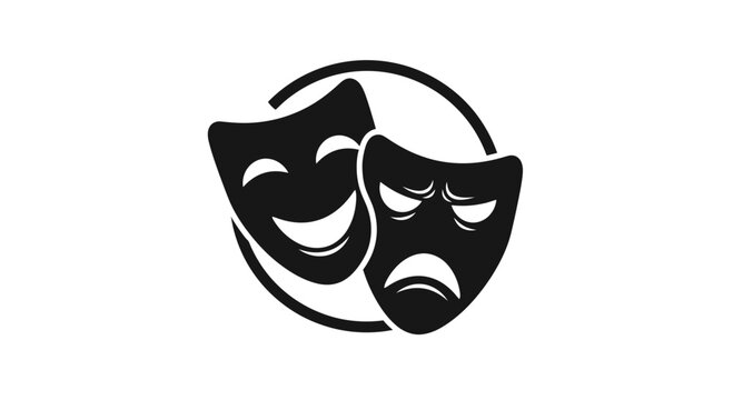 Black and white theatrical masks representing comedy and tragedy.