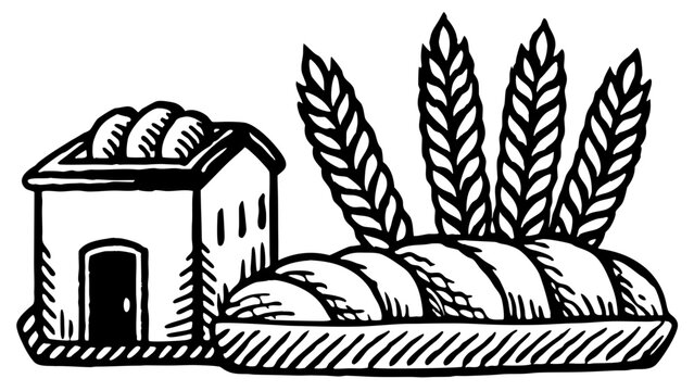 Bakery icon features a small cottage structure standing beside a freshly baked loaf of bread.