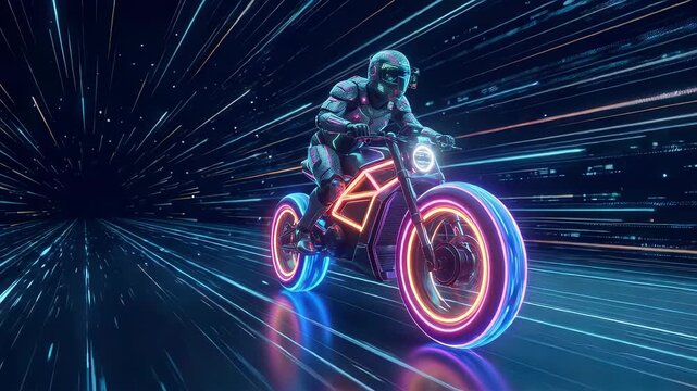 Futuristic motorcyclist riding through a glowing blue light speed tunnel. High speed racer in cyber space. Digital racing technology, motion blur concept, speed.