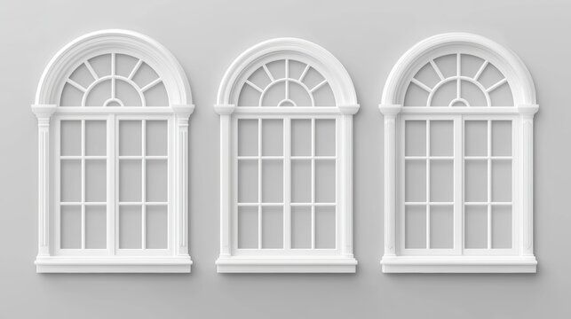 Three arched white windows with panes, classic design, architectural detail.