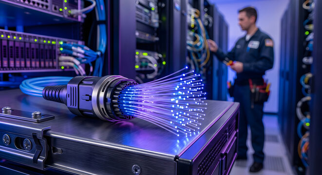 Fiber optic cable connector showing bright glowing light strands placed on server rack inside modern data center facility.