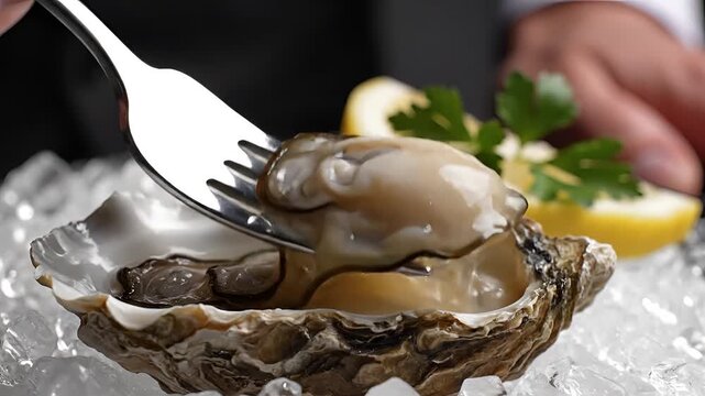 Fresh Oyster Being Served on Ice with Lemon and Parsley.