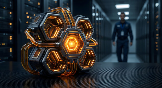 Futuristic power generator with orange hexagonal cooling system glowing on carbon fiber table in dark server room hallway.