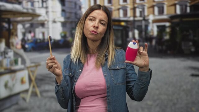 Woman holds bamboo toothbrush and pink toothpaste bottle, inspecting both while holding them up in a cobblestone street market; product choice thoughtful.