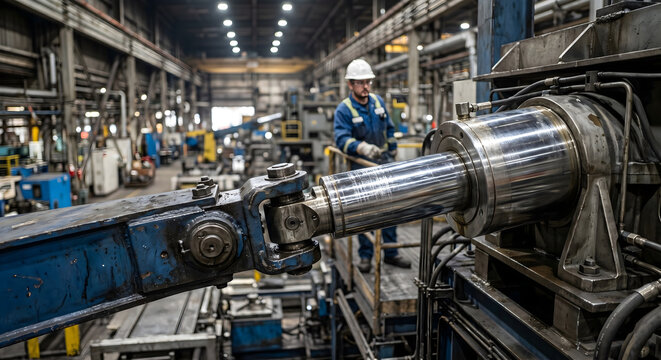 Industrial hydraulic piston rod assembly in heavy machinery factory workshop with worker monitoring the operations.