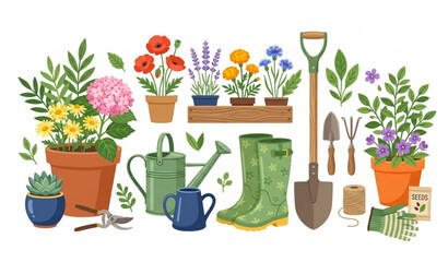 Garden tools and watering can with flowers vector illustration isolated on white background © ajgar