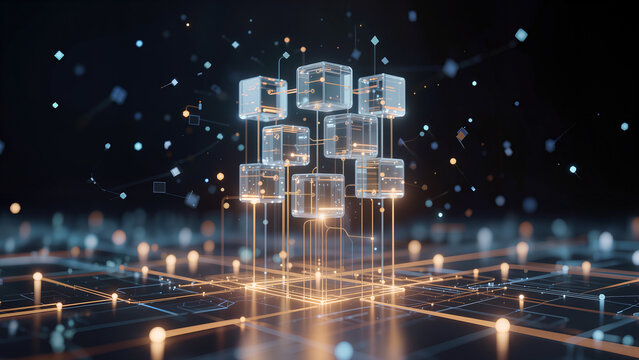 Abstract Blockchain Network Structure with Glowing Data Blocks and Connections