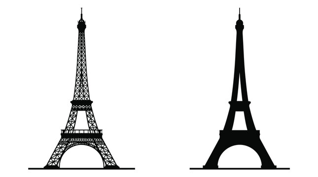 Two distinct black silhouettes of the eiffel tower standing side by side in this digital photograph