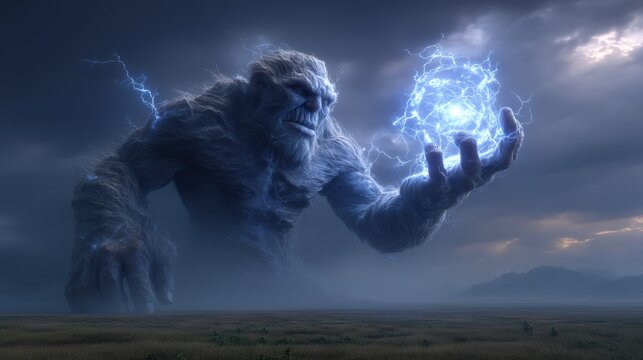 Fantasy wallpaper. A vivid portrayal of a colossal, monstrous creature with a fierce expression, set against a stormy sky. The creature is depicted in a dynamic pose.