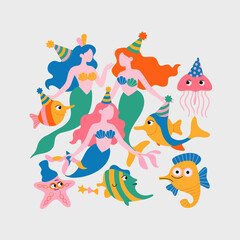 Fototapeta premium Magical underwater party with mermaids and sea creatures wearing colorful festive party hats