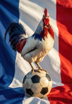 Franz&ouml;sischer Hahn auf Fu&szlig;ball vor franz&ouml;sischer Flagge