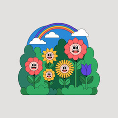Fototapeta premium Vibrant vector illustration of smiling anthropomorphic flowers under a bright rainbow