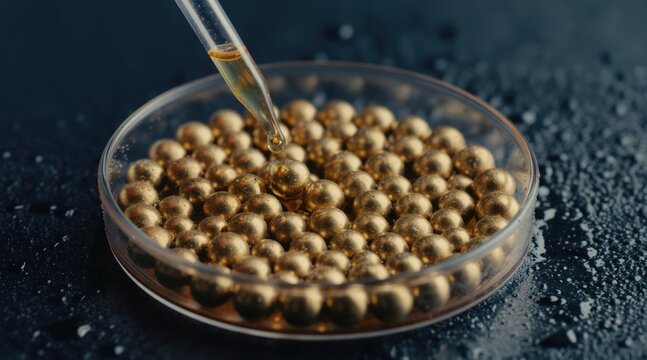 Pipette adds clear liquid to golden spheres in petri dish. Close-up science lab experiment on wet dark surface. Researching small particles for medical or cosmetic.