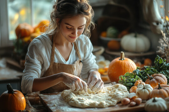 Woman kneading dough in apron.