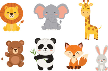 Fototapeta premium Cute Safari and Jungle Animal Mascot Vector Collection Featuring Happy Lion Elephant Giraffe Bear Panda Fox and Rabbit Cartoon Characters for Kids