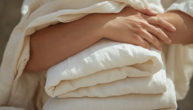 This is a close up of a person holding a stack of white blankets