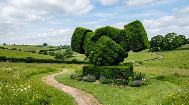 Large scale outdoor sculpture of hands shaking topiary garden art