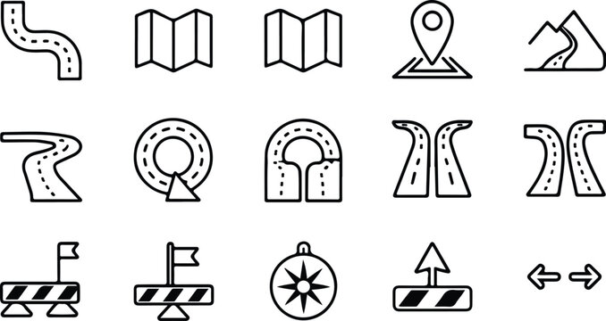 Collection of navigation and direction icons including roads maps and signs